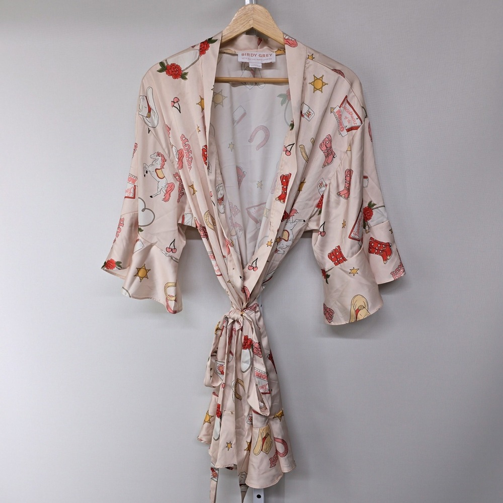 Birdy Grey Womens XS S Pink Western Rodeo Print Satin Robe Cowgirl Bachelorette